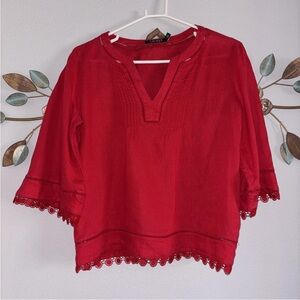 Lauren Ralph Lauren Womens Red Linen V Neck 3/4 Sleeve Blouse Size Small